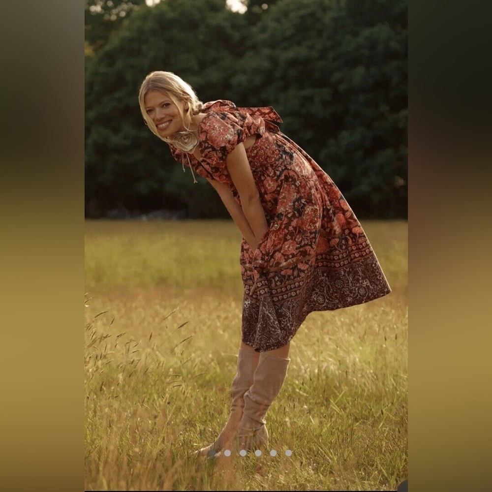 NWT By Anthropologie Printed V-Neck Babydoll Dress Size 4P Red Motif - Picture 3 of 7